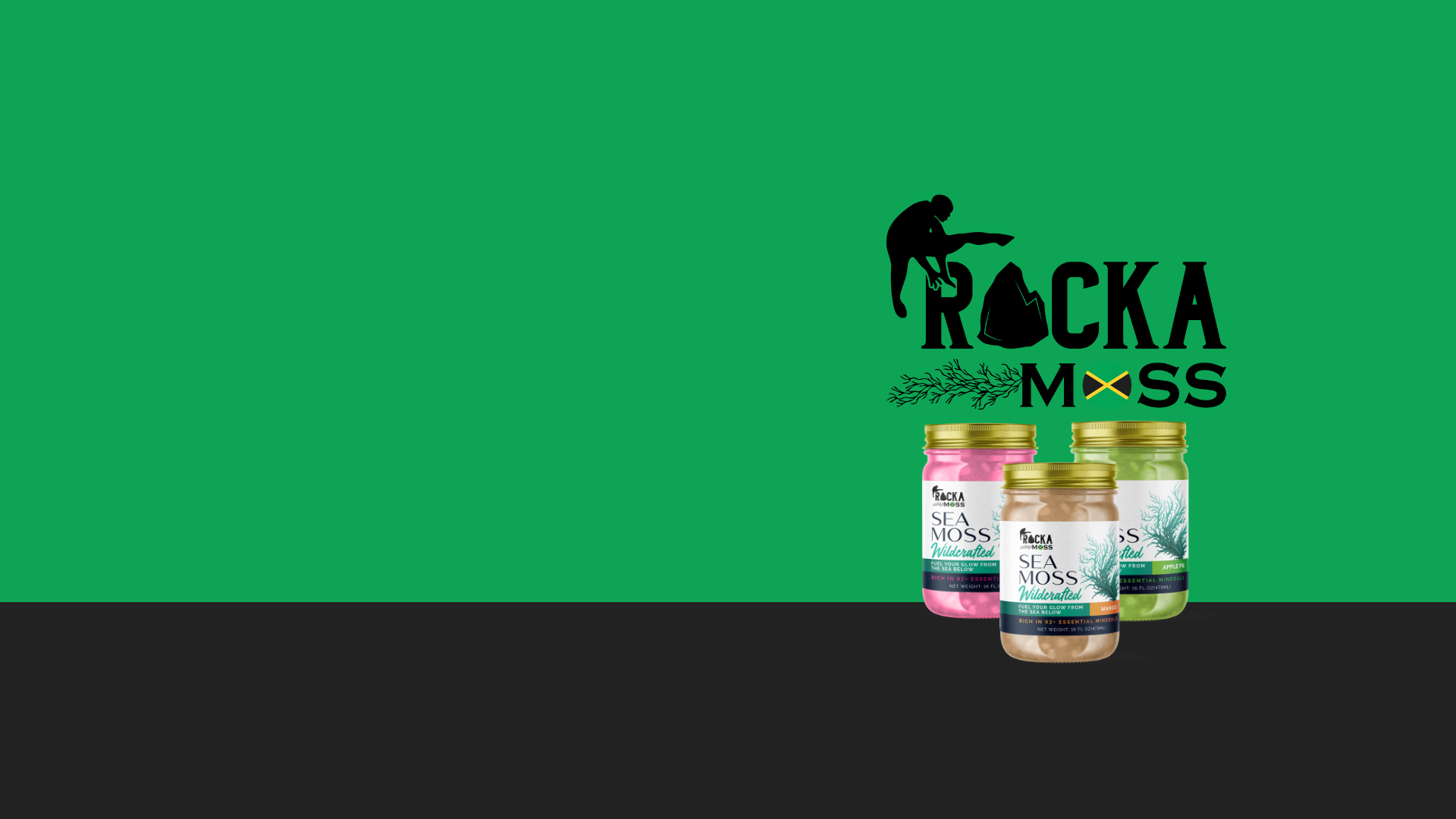 Rocka Moss supplement bottles on a green and black background with the brand logo.